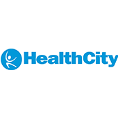 Als Logo der Referenzen bei HealthCity, ist ein dreifarbiges Logo zu sehen.