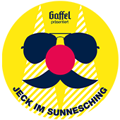Als Logo der Referenzen bei Jeck im Sunnesching, ist ein dreifarbiges Logo mit einem Gesicht und einer Sonnenbrille zu sehen.